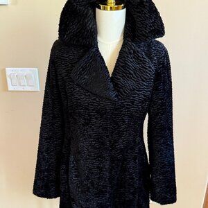 WHBM Faux Persian Lamb Black coat with hot pink lining, size XS
